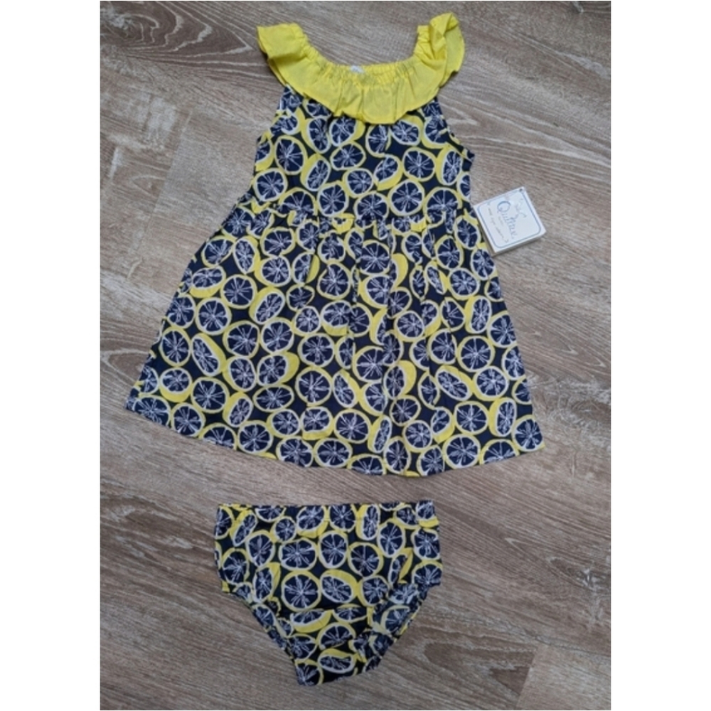 NWT Quiltex Toddler Blue Lemon Novelty Cotton Dress With Bloomers Size 24 Months